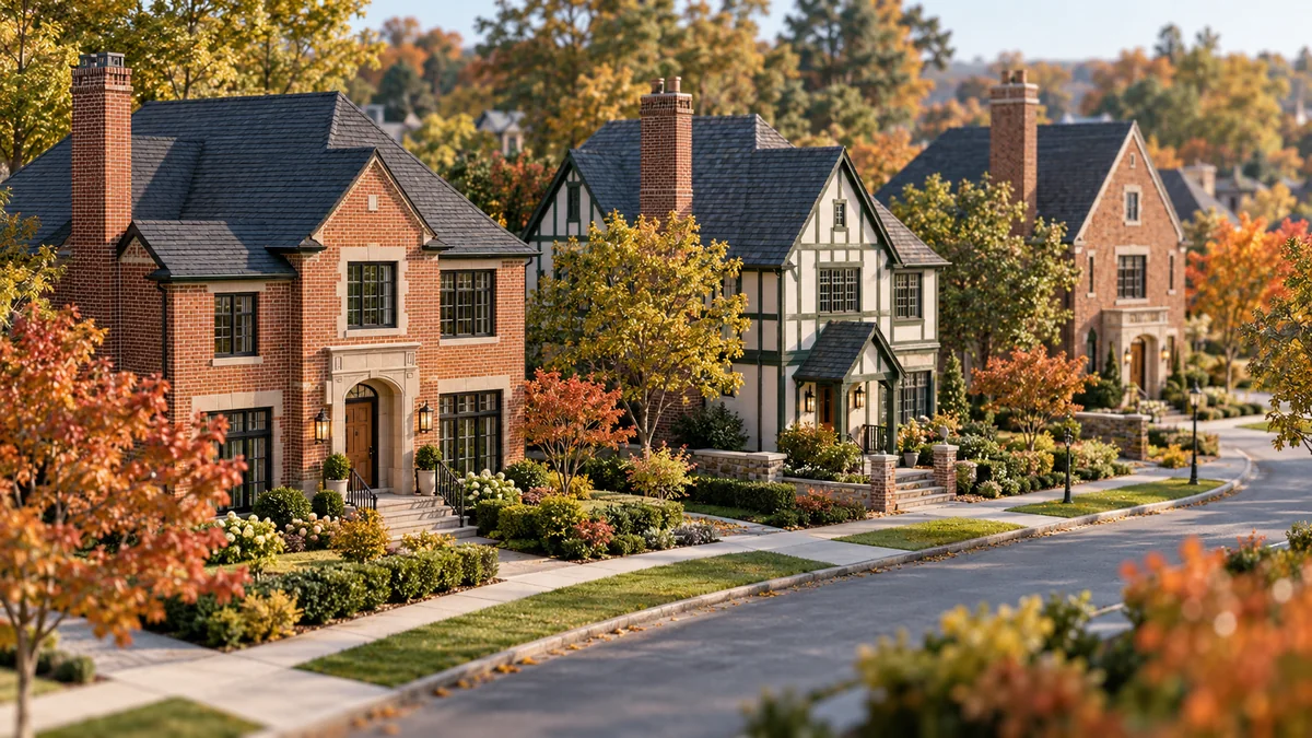 Architectural illustration of brick and timber homes along a tree-lined residential street.