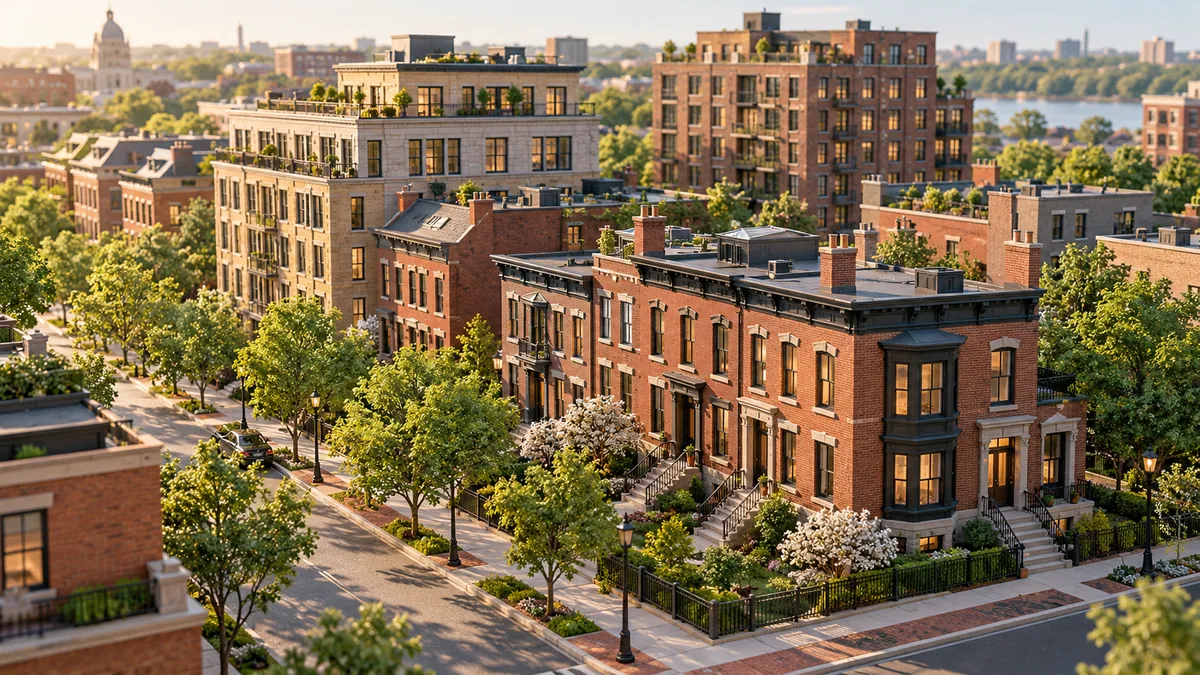 Architectural illustration of brick townhouses and landscaped urban residential blocks.
