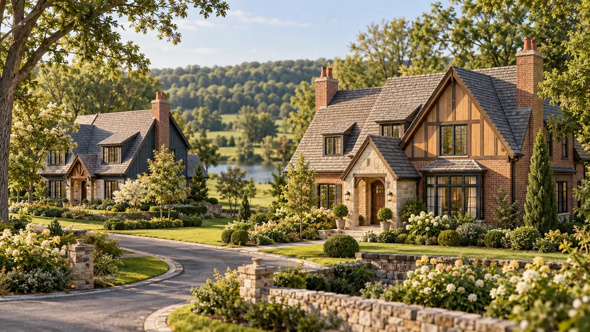 Architectural illustration of detached homes, gardens and a quiet village lane.