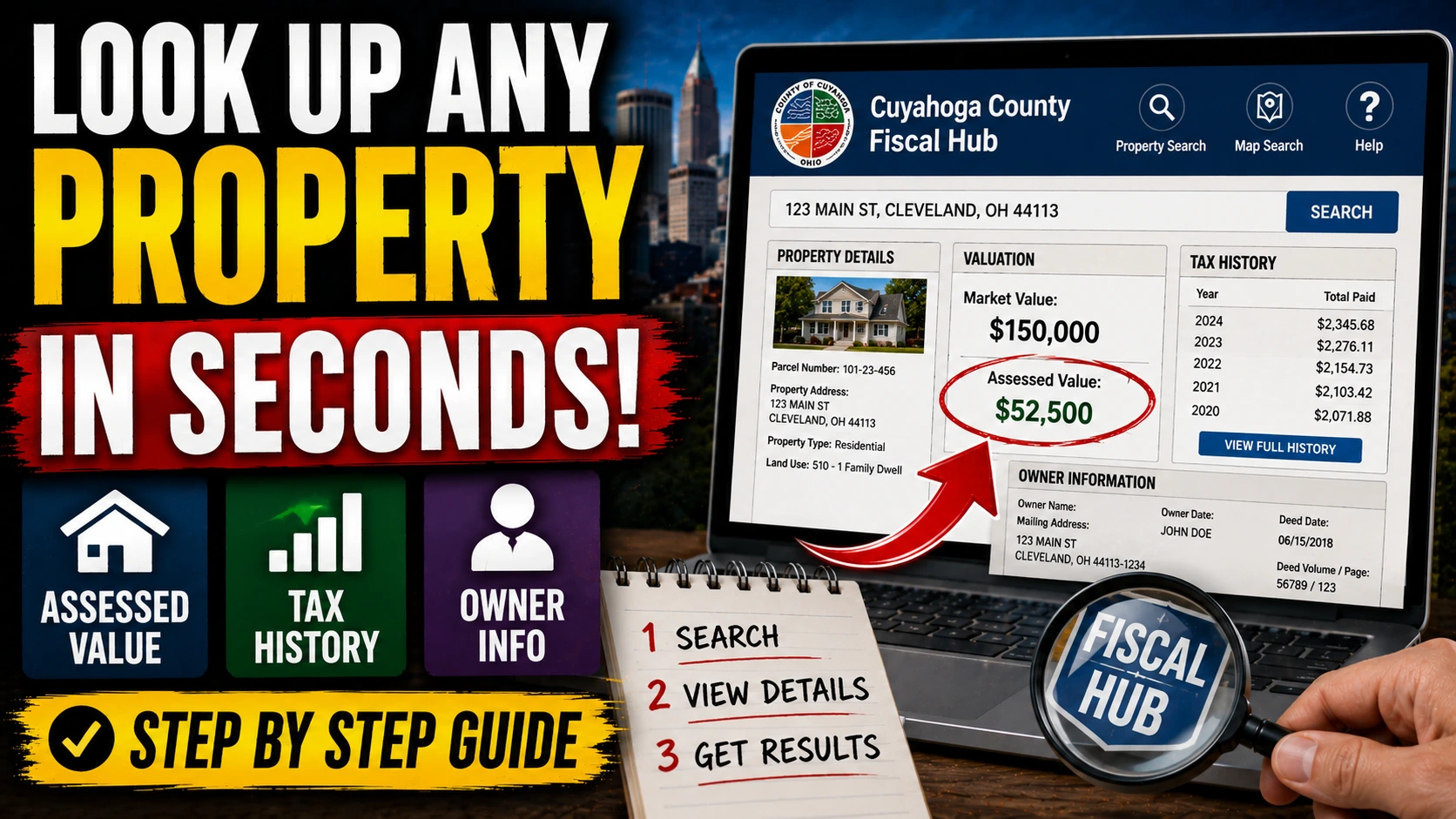 How to Look Up Any Property's Assessed Value, Tax History, and Owner on the Cuyahoga County Fiscal Hub — Step by Step
